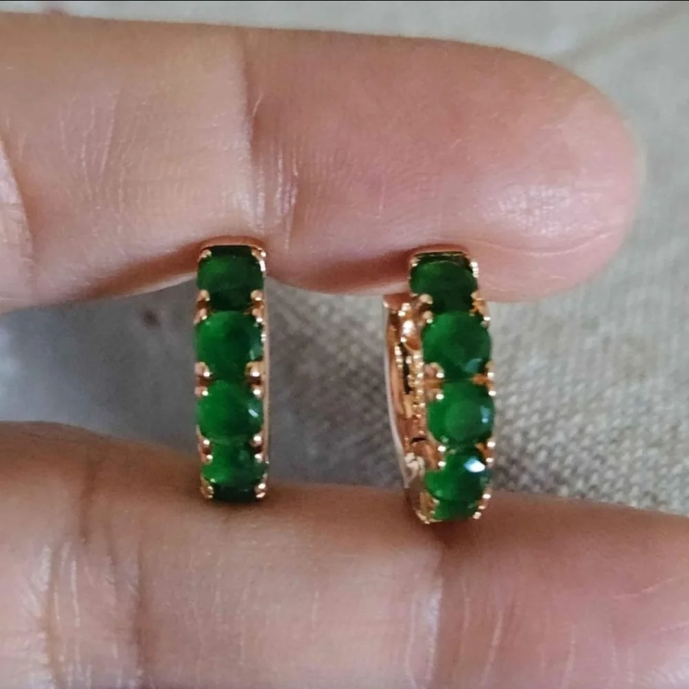 New 14K Gold Plated Emerald Huggie Hoop Earrings for Women - Picture 6 of 10